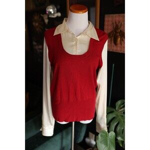 Vintage George Red Sweater Vest Layered Satin Collared Sweater Y2K Preppy L